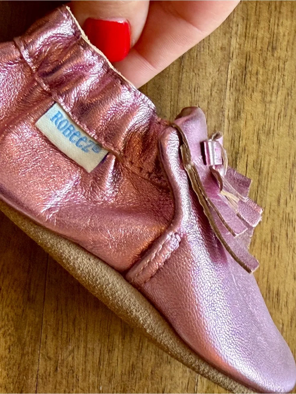 Robeez Girls Pink Metallic Leather Moccasin Shoes with Bow & Fringe Size 6-12M